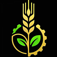 A square black logo icon featuring a central yellow stalk of wheat growing upward from two green leaves. The plant emblem is integrated with a yellow mechanical gear segment on the right, symbolizing agricultural production driven by logistics infrastructure.